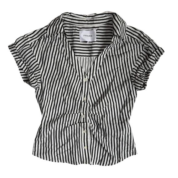 Frame Striped Rolled Sleeve Ruched Short Sleeve Shirt Linen Minimist S - Picture 1 of 5